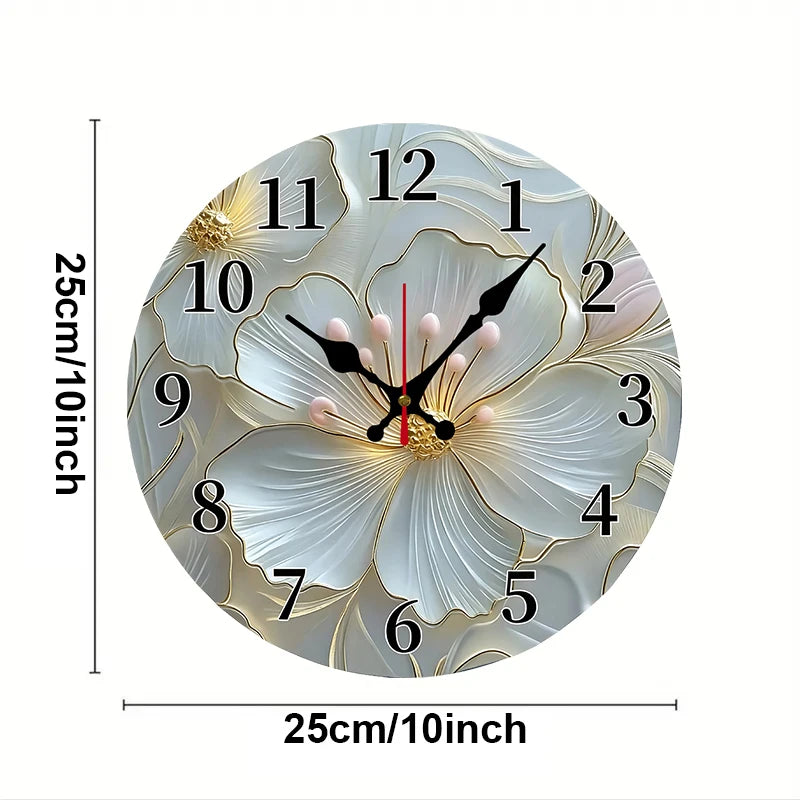2D-flat Golden & Pink Floral Wooden Round Silent Hanging Wall Clock, For Living Room,Office, Study Room,Bedroom,Home Decoration