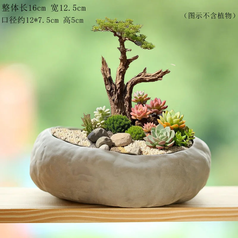 Imitation Stone Ceramic Succulent Pot Large Caliber Concave Convex Texture Desktop Micro Landscape Plant Planter
