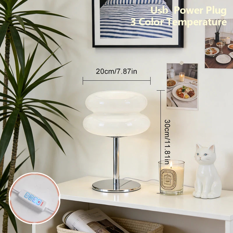 Mid-Century Ins Macaron Cream Double Layer Glass Table Lamp Nordic Style Living Room Bedroom Study Bedside Hamburger Egg Tart