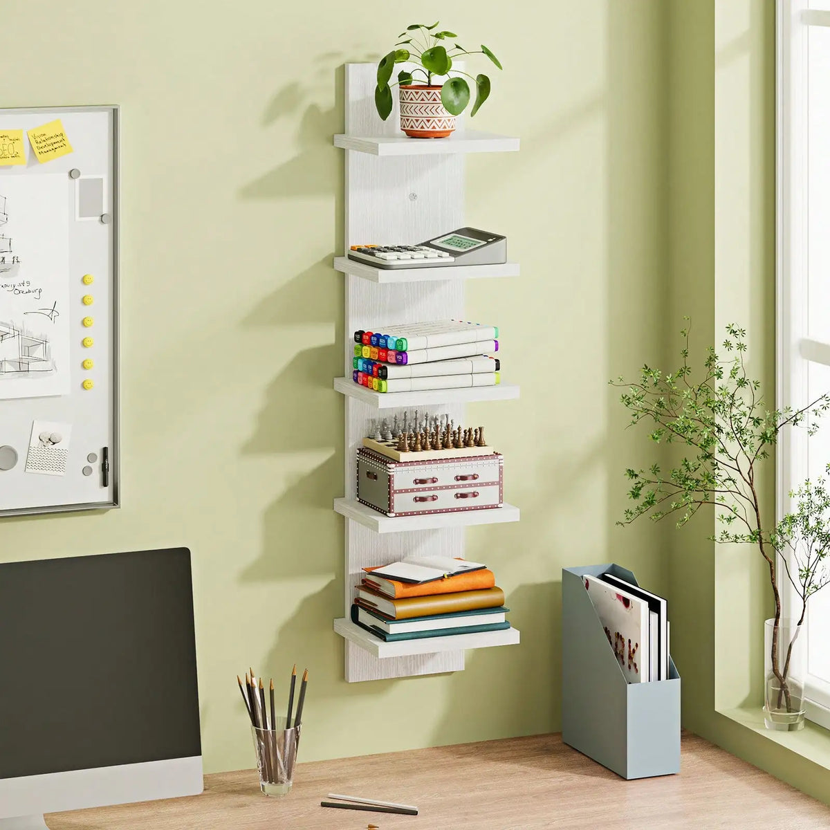5-Tier Floating Wall Shelf, Wall Mounted Display & Storage Rack, Space Saving Organizer for Bedroom, Living Room, Office, Black/Brown