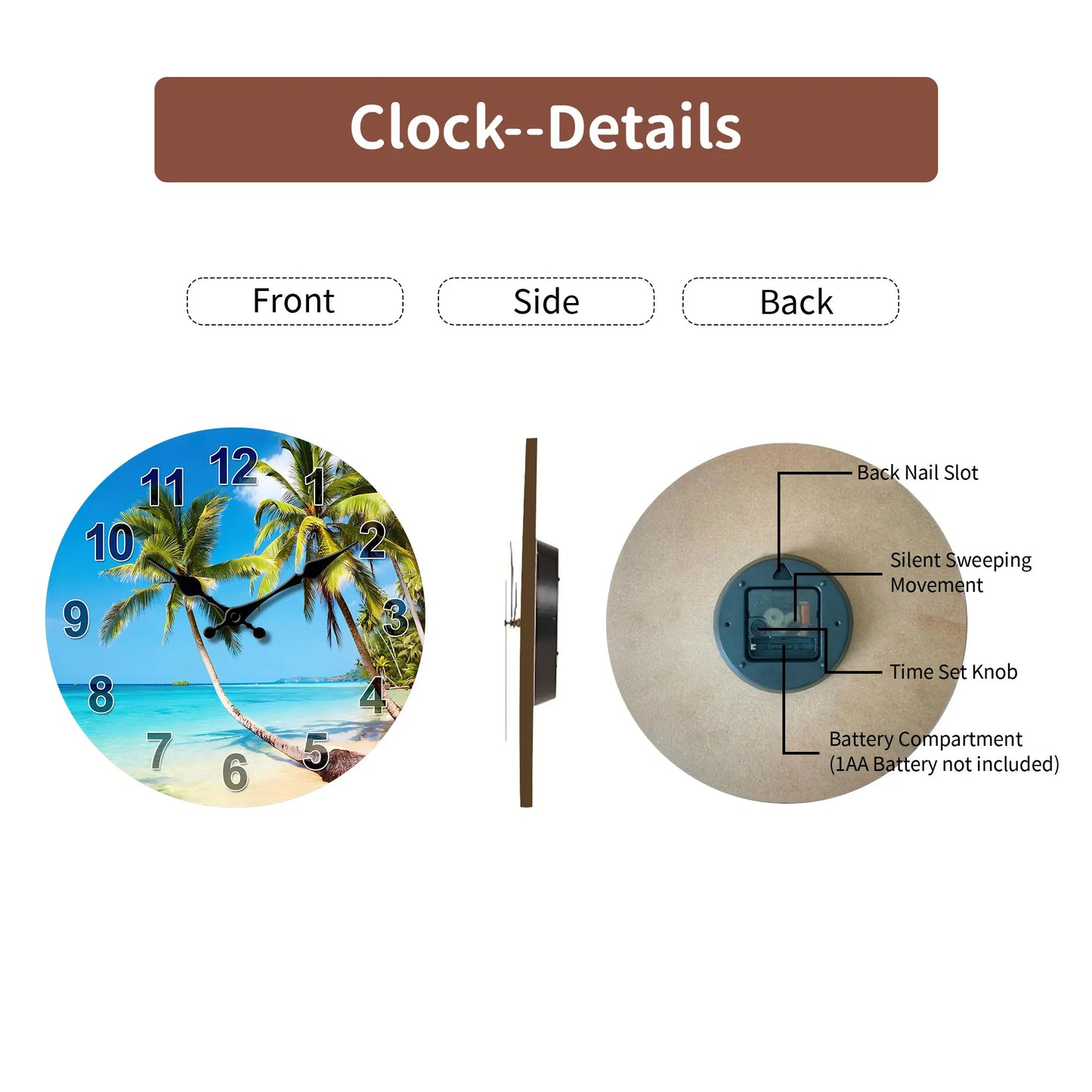 1pc round wooden wall clock, tropical summer blue Sky beach and coconut tree design wall clock, silent clock, for living room be