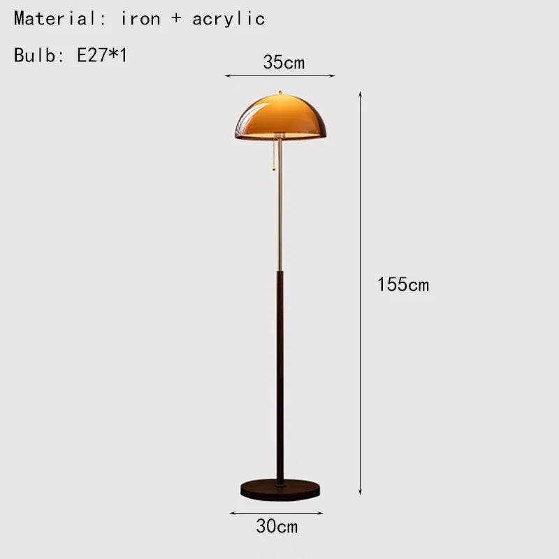 Retro Orange Glass Mushroom Floor Lamp Adjustable Height Wood Metal Standing Lamp Living Room Sofa Corner Bedroom Ambient Decor