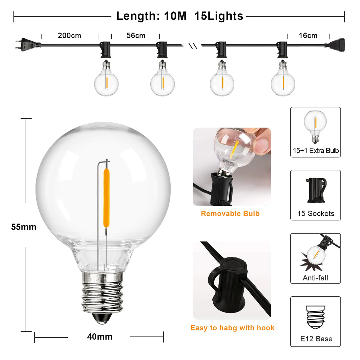 Shatterproof G40 Garden String Lights ā 10m, 15 Bulbs, US Plug