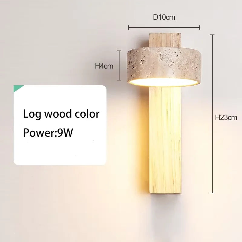 Wabi Sabi Travertine Stone Wall Lamp in Natural Wood, No Switch, Warm White