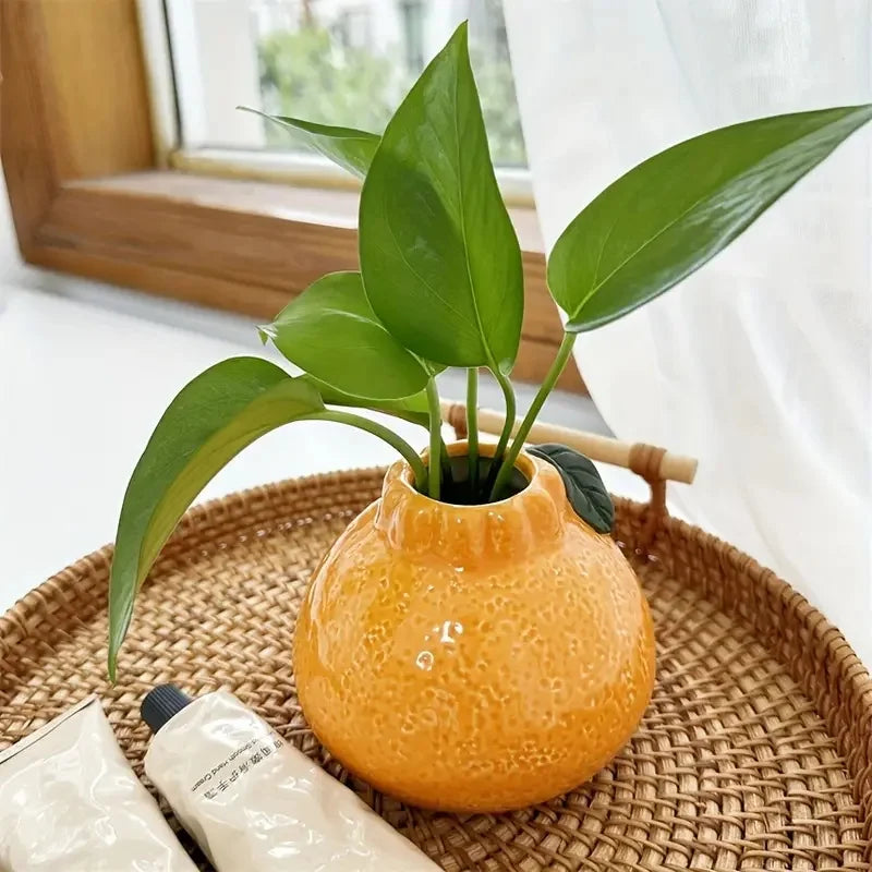 Orange Ceramic Hydroponic Vase in Vase with Leaf