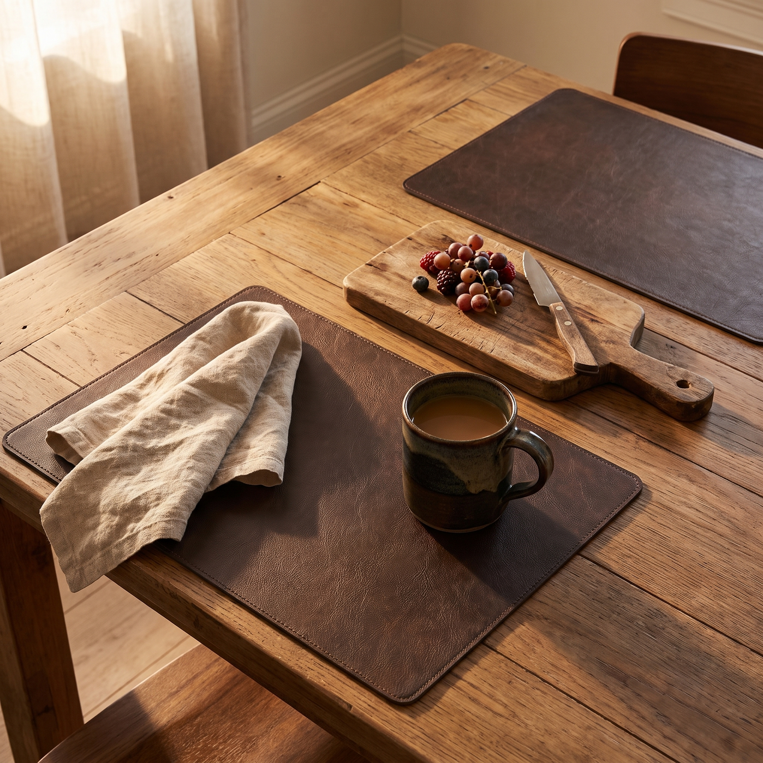 A wooden table set with placemats, a mug and a serving board