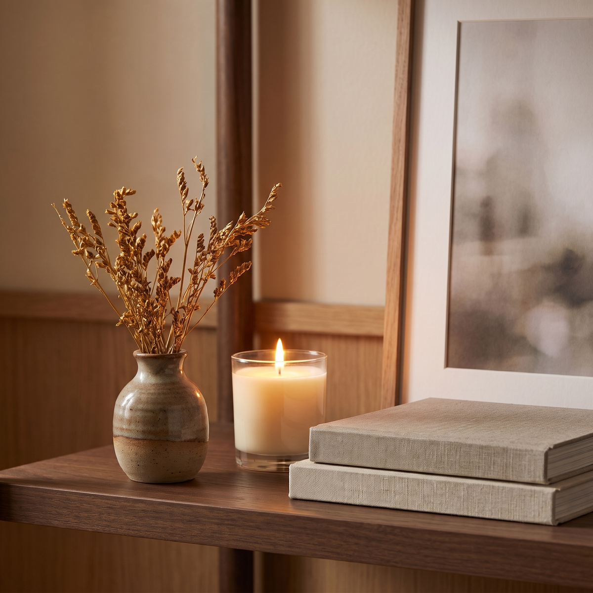 A shelf with a ceramic vase, dried stems and a lit candle