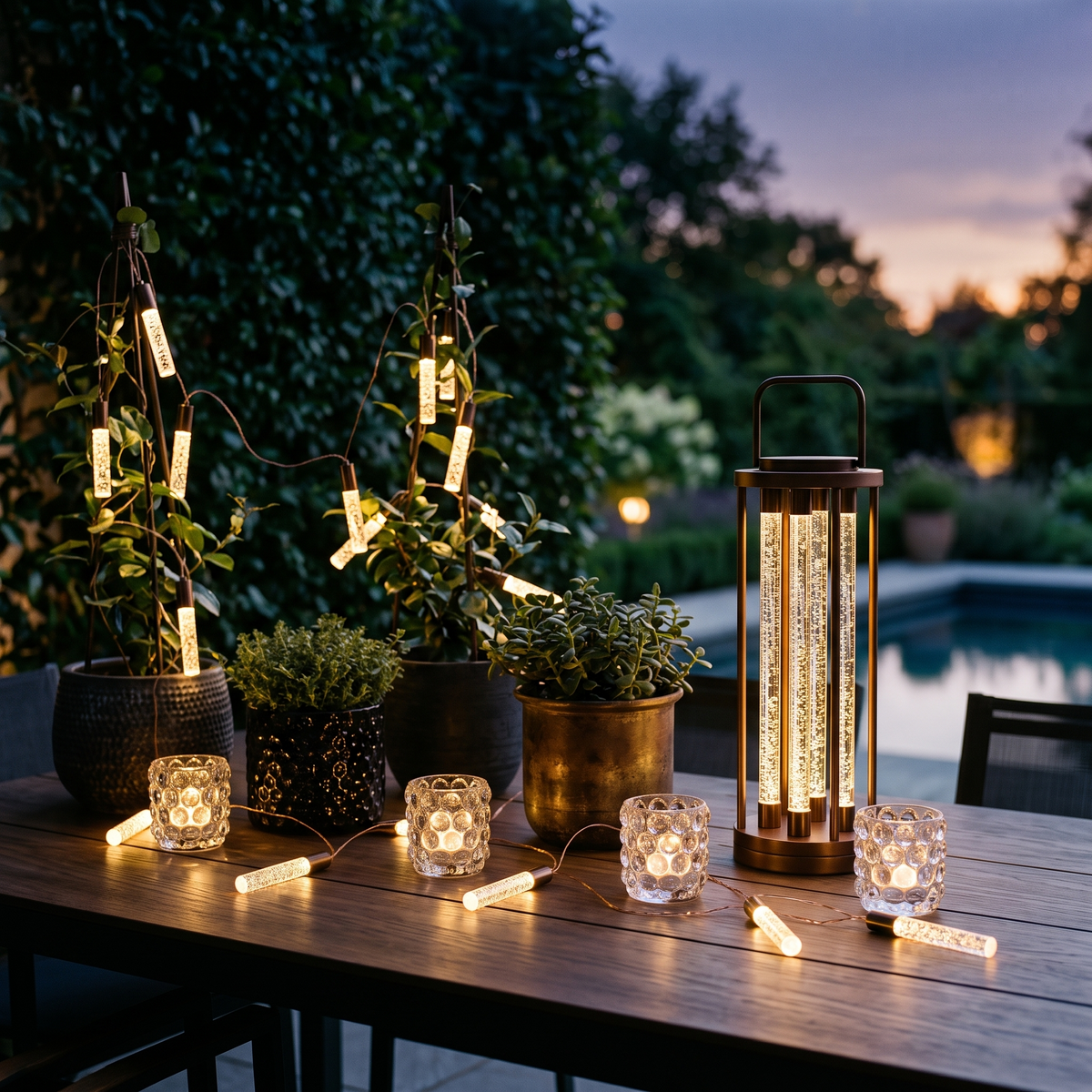 Outdoor lanterns and string lights glowing on a patio table at dusk
