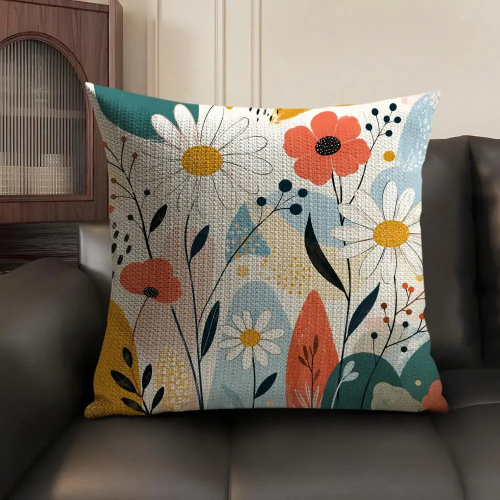 Bohemian Pattern Linen Cushion Cover in Coral Wildflowers