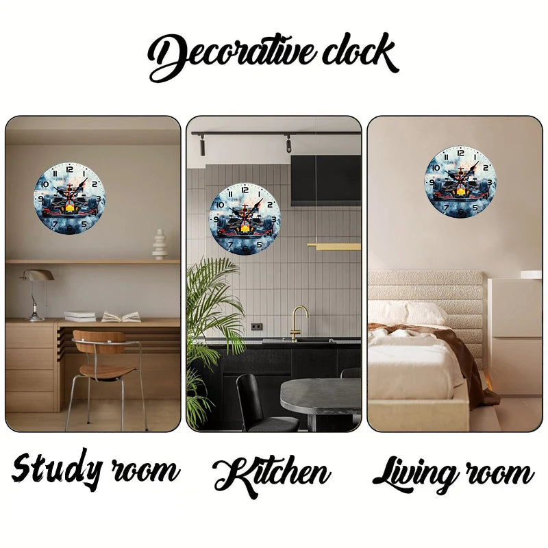 Racing Theme Wooden Round Silent Hanging Wall Clock, Suitable For Living Room, Office, Study Room, Bedroom, Home Decoration