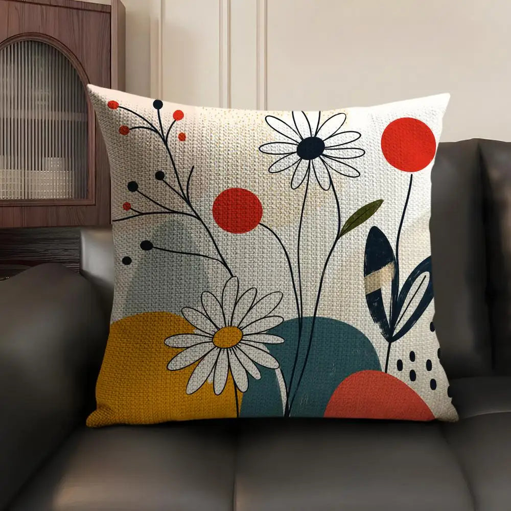 Bohemian Pattern Linen Cushion Cover in Ivory Daisy Sketch