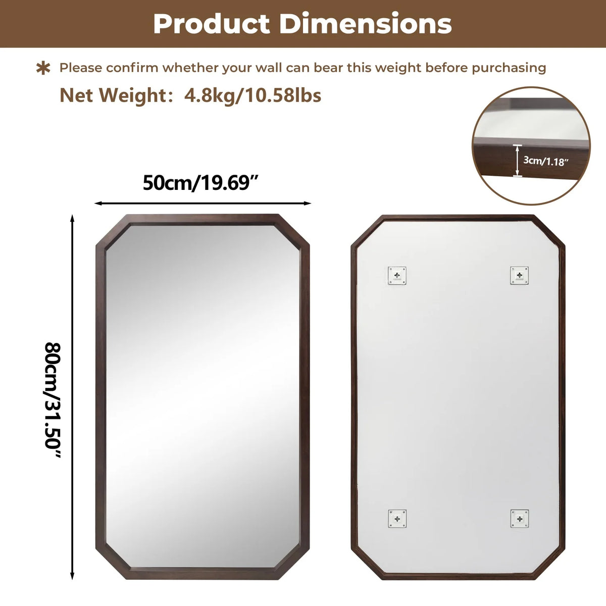 Walnut Irregular & Octagon Wall Mirror – Octagon, 50 x 80cm