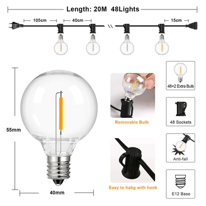 Shatterproof G40 Garden String Lights – 20m, 48 Bulbs, US Plug