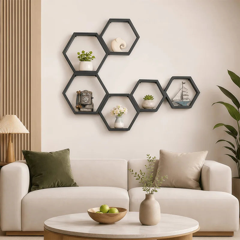 Wooden Hexagon Floating Shelves Set of 3, Honeycomb Wall Shelves for Living Room Decor, Rustic Farmhouse Geometric Display Rack for Plants, Photos, and Collectibles