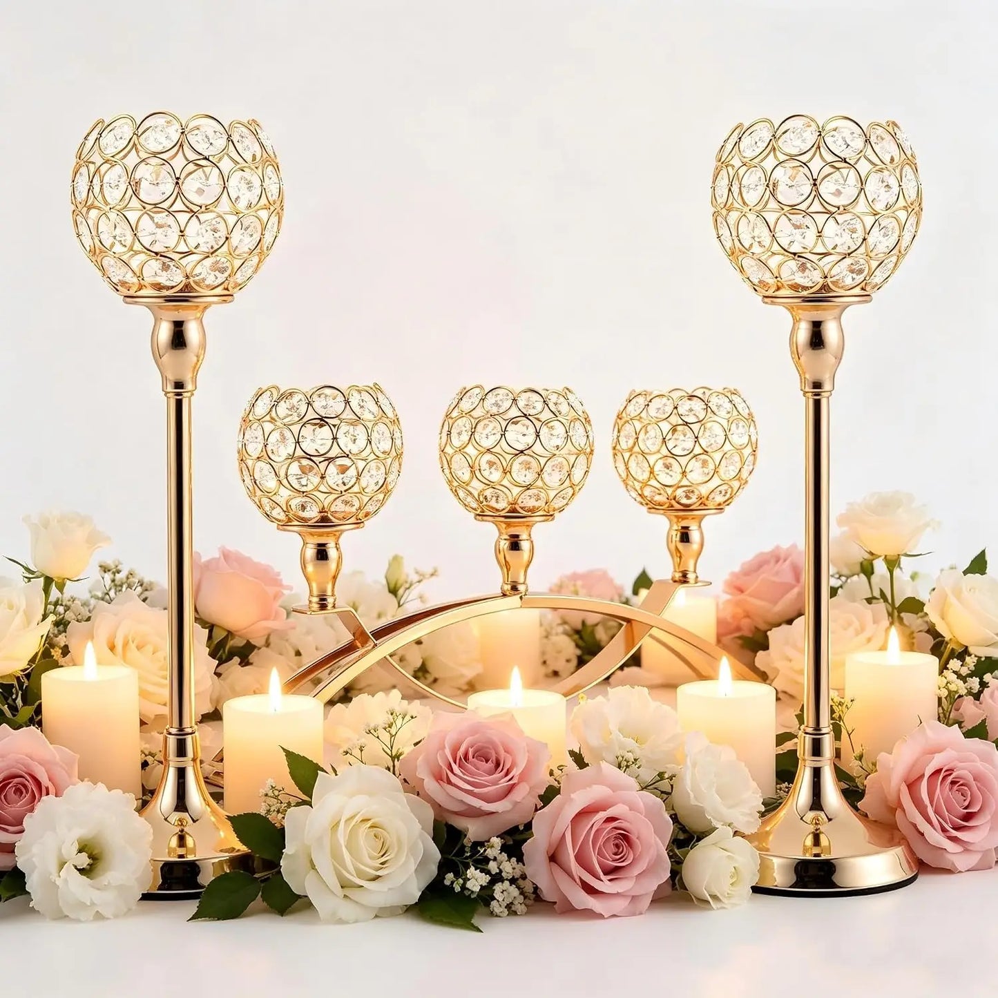 3 Pcs Gold Candle Holders Set, 3 Arm Tealight Candelabra Stand, Wedding Table Centerpiece Candlestick for Fireplace Mantel Decor, Living Room Dining Table, Valentine's Day Housewarming Gift