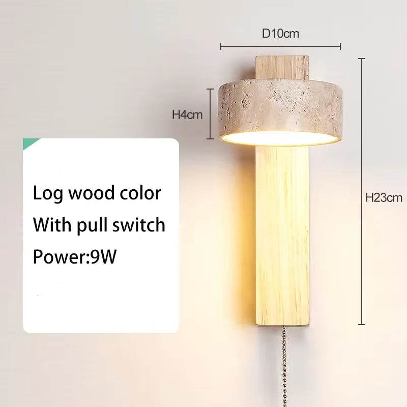 Wabi Sabi Travertine Stone Wall Lamp in Natural Wood, Pull Switch, Warm White