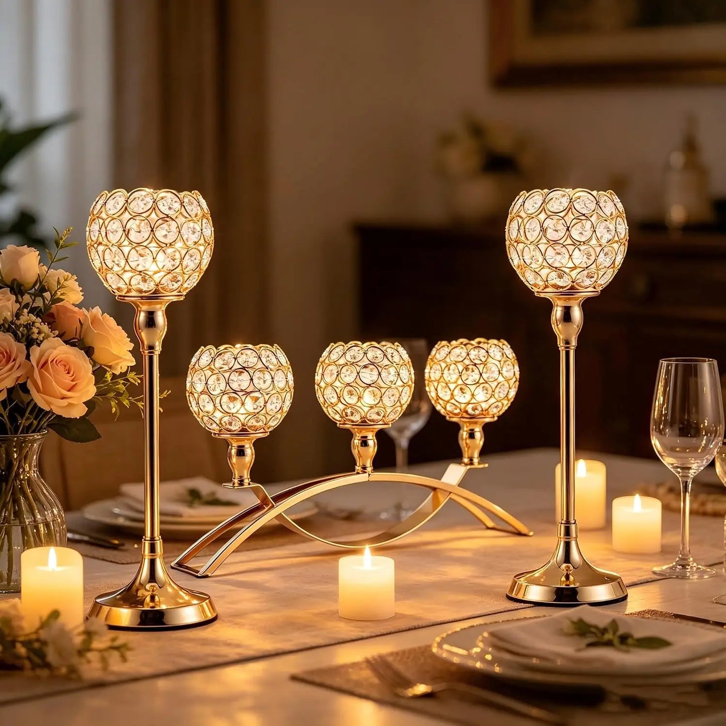 3 Pcs Gold Candle Holders Set, 3 Arm Tealight Candelabra Stand, Wedding Table Centerpiece Candlestick for Fireplace Mantel Decor, Living Room Dining Table, Valentine's Day Housewarming Gift
