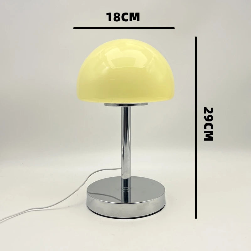 Mushroom Dome Glass Table Lamp, Metal Column Base, Nordic Retro Bedroom Bedside Ambient Light, Niche Design Hit