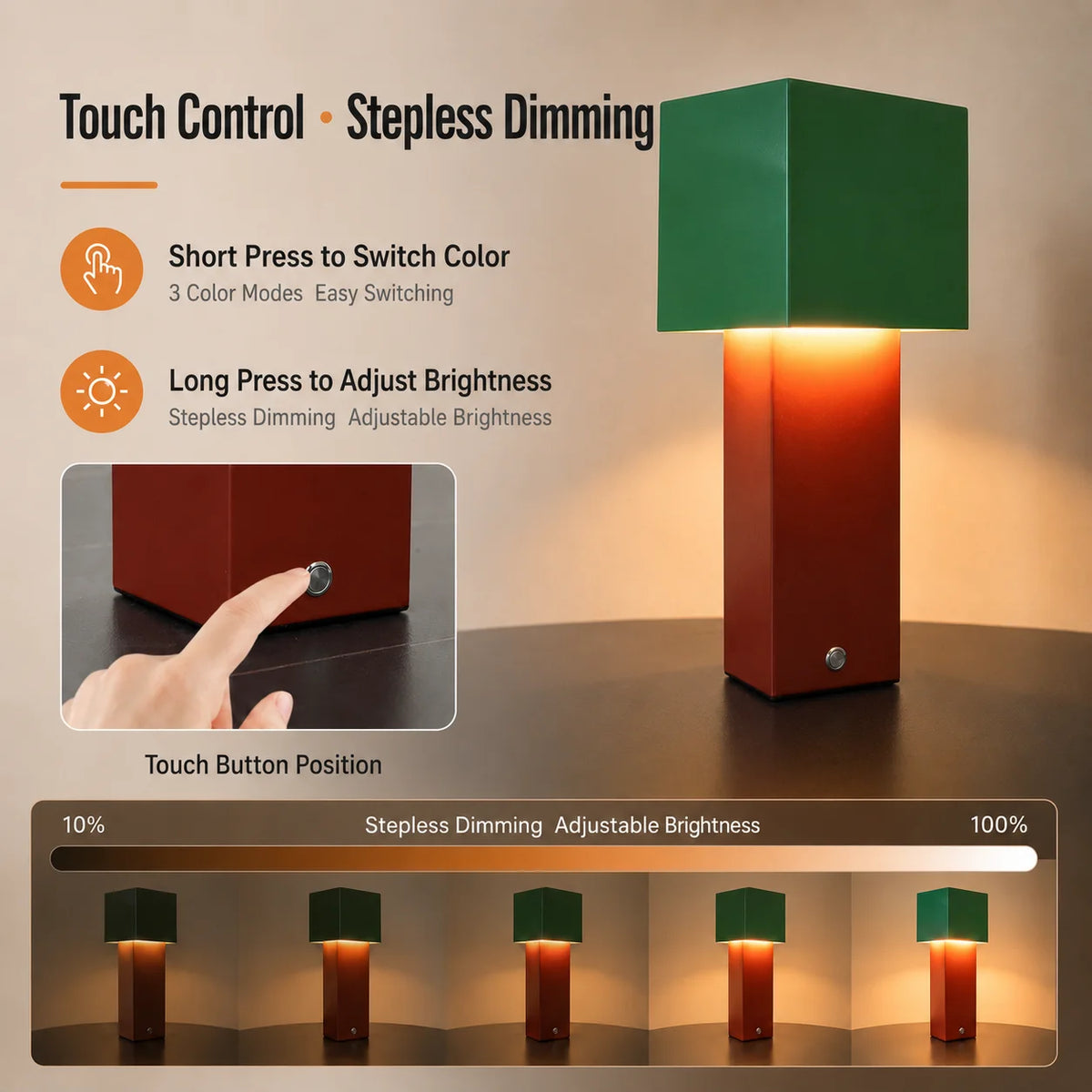 LED Nordic Cream Rechargeable Desk Lamp with Geometric Stepless Dimming Portable Bedhead Night Light Suitable for Bedroom