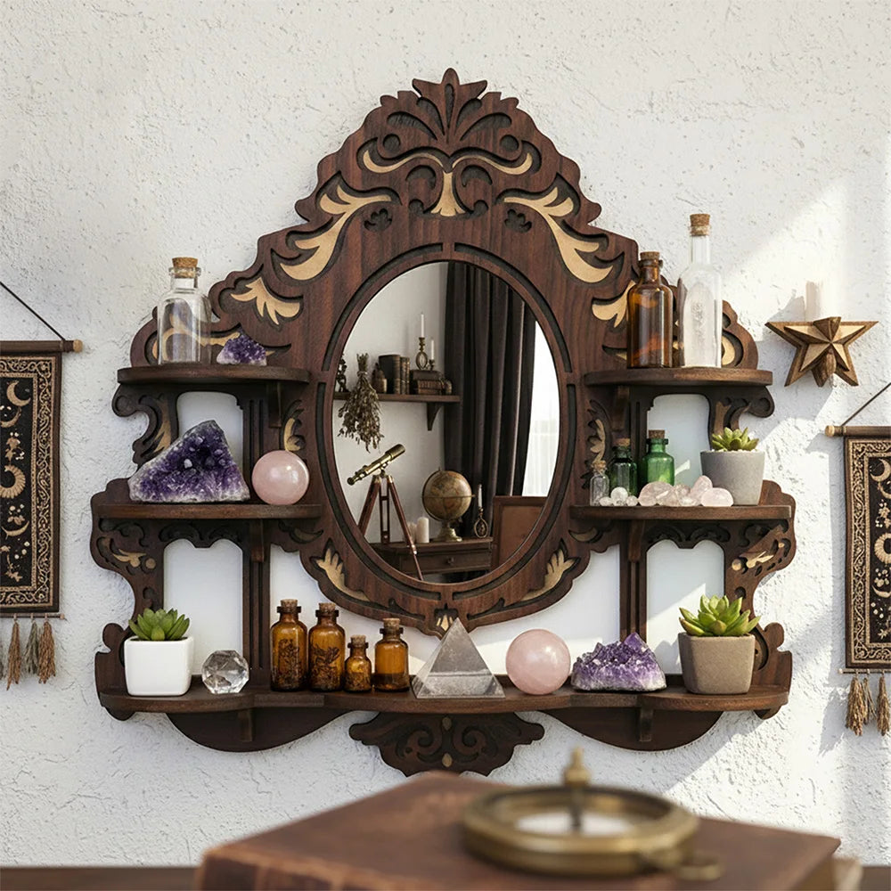 Wall Mounted Floating Shelves, Mirror Wooden Crystal Display Shelf,Gothic Home Decor, Boho Living Room Accessories