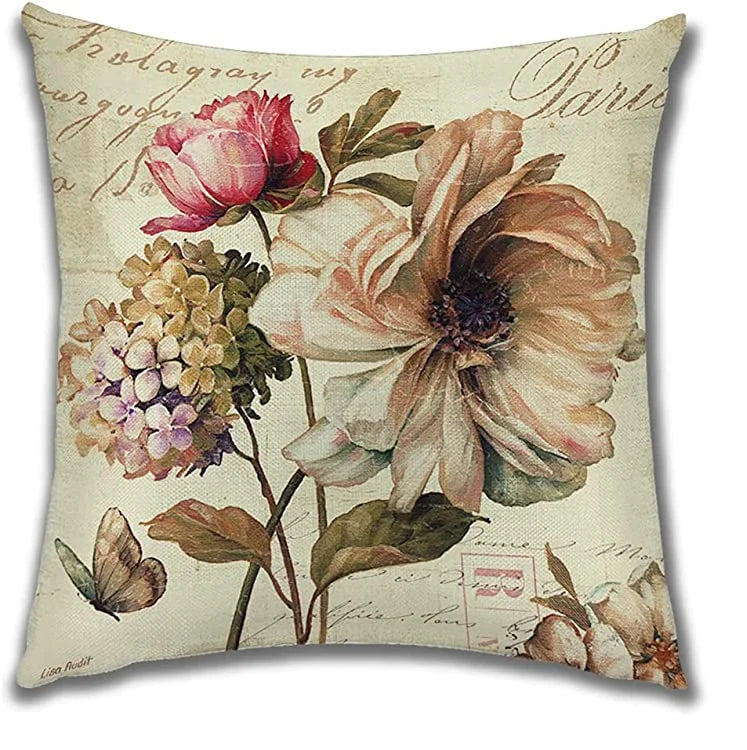Vintage Floral Linen Cushion Cover – Design 1