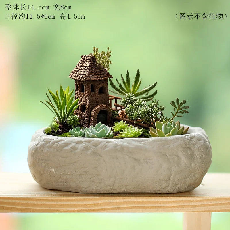 Imitation Stone Ceramic Succulent Pot Large Caliber Concave Convex Texture Desktop Micro Landscape Plant Planter