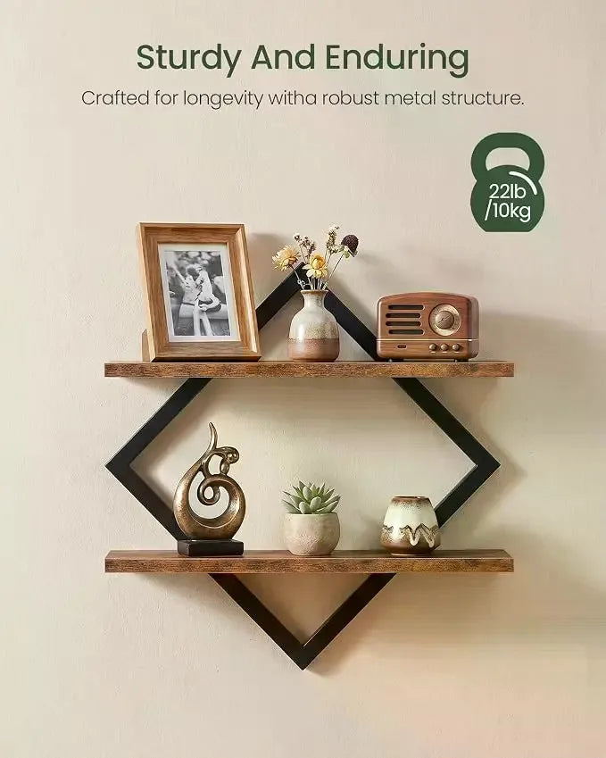 Rustic Brown 2-Layer Geometric Diamond Floating Shelf Set - Industrial Metal Wire & Wooden Shelves, Minimalist Artistic House Decor, Suitable for Living Room, Kitchen, Storage