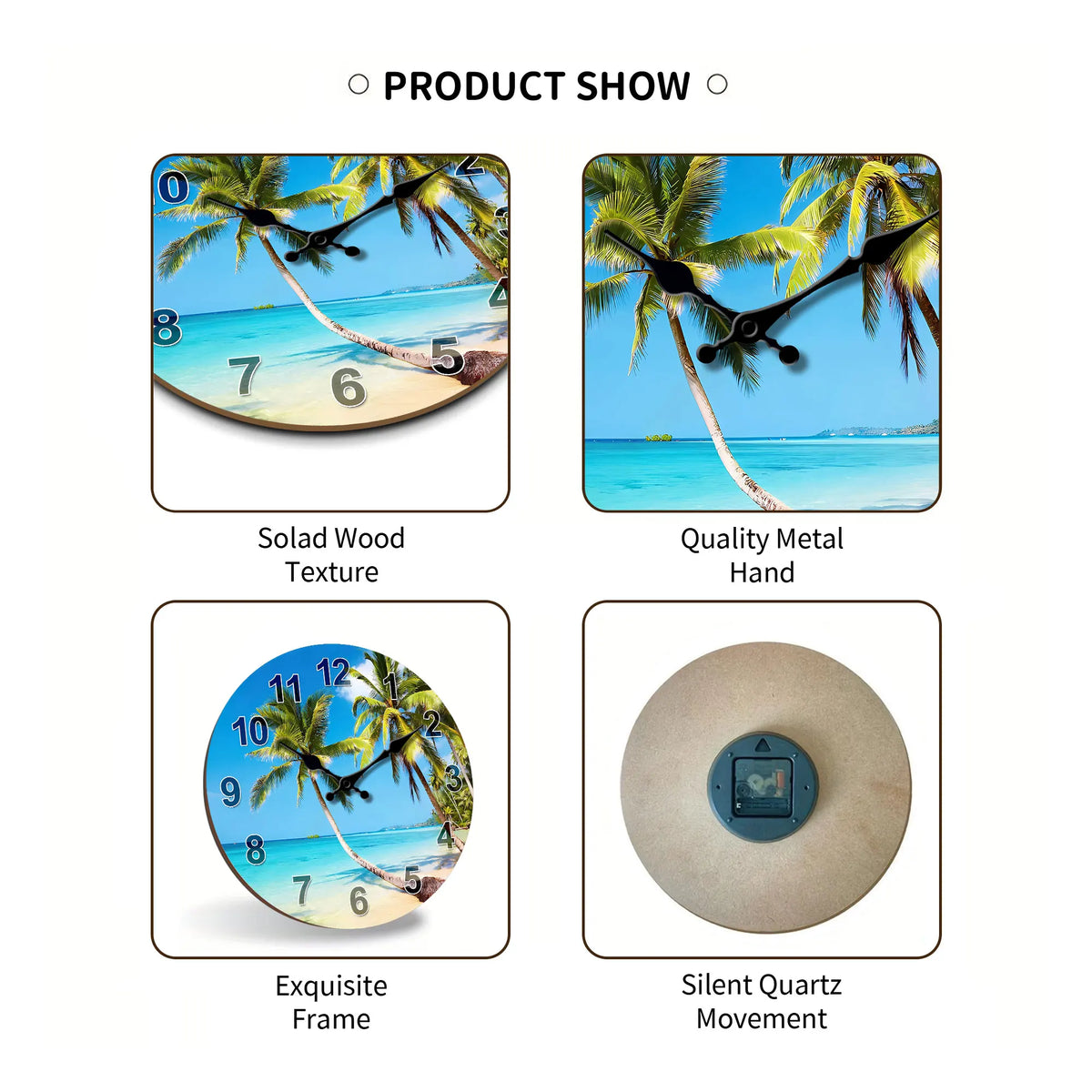 1pc round wooden wall clock, tropical summer blue Sky beach and coconut tree design wall clock, silent clock, for living room be