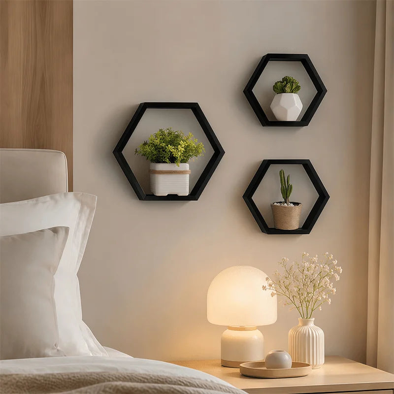 Wooden Hexagon Floating Shelves Set of 3, Honeycomb Wall Shelves for Living Room Decor, Rustic Farmhouse Geometric Display Rack for Plants, Photos, and Collectibles