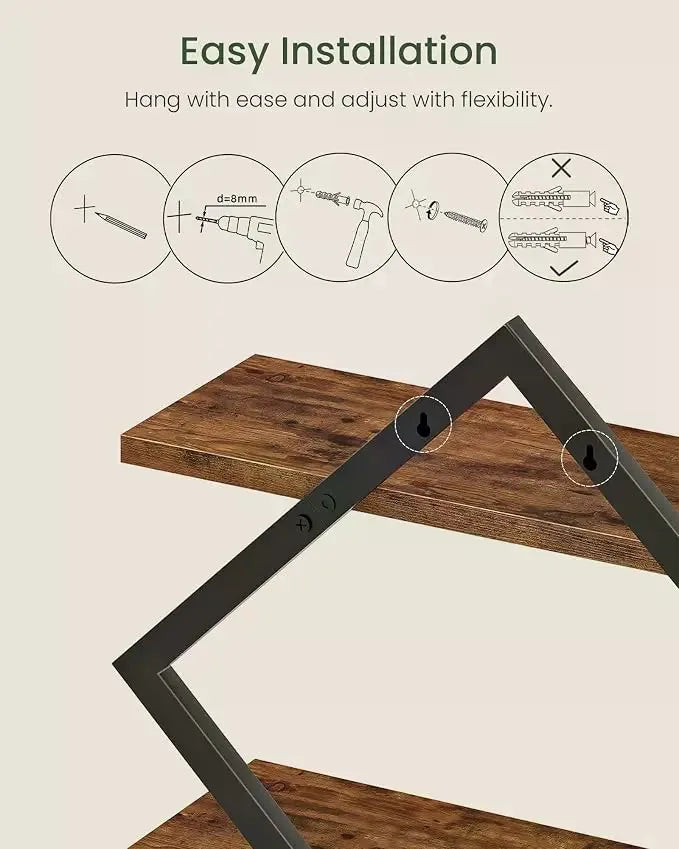 Rustic Brown 2-Layer Geometric Diamond Floating Shelf Set - Industrial Metal Wire & Wooden Shelves, Minimalist Artistic House Decor, Suitable for Living Room, Kitchen, Storage