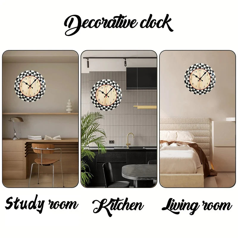 Black And White Grid Wooden Round Silent Hanging Wall Clock,Suitable For Living Room,Office,Study Room,Bedroom,Home Decoration