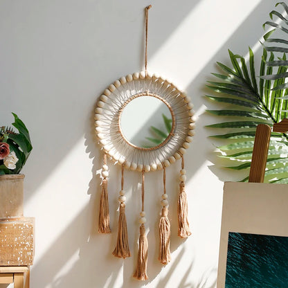 Wooden Bead Wall Mirror in Beaded Hoop, Short Fringe