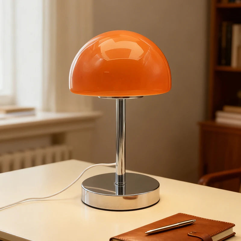 Mushroom Dome Glass Table Lamp, Metal Column Base, Nordic Retro Bedroom Bedside Ambient Light, Niche Design Hit
