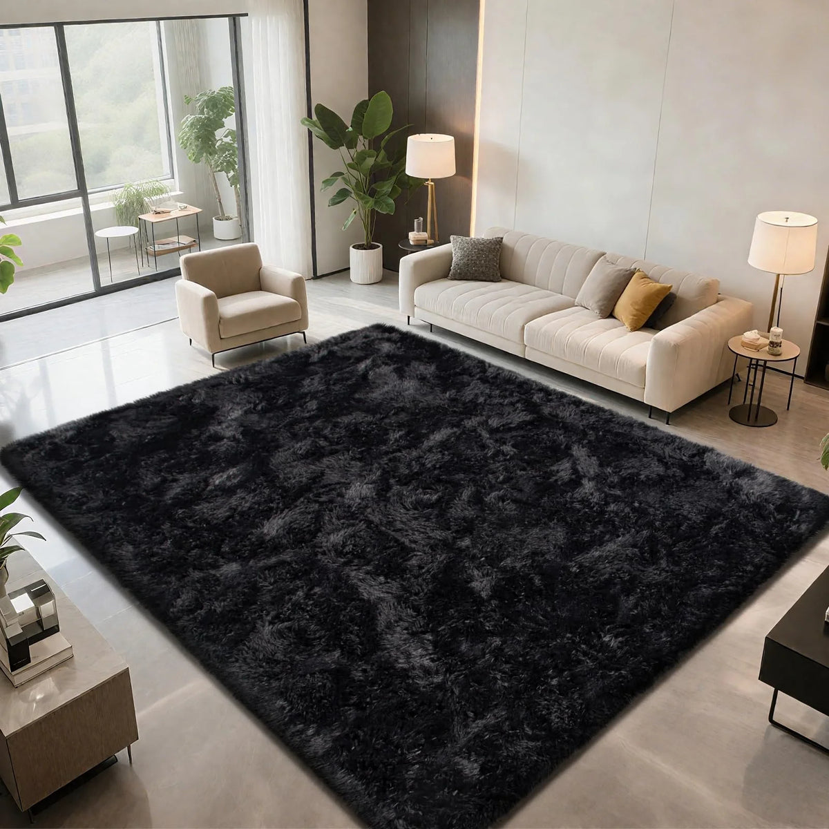 Ultra Soft Puffy Tie Dye Rug in Black