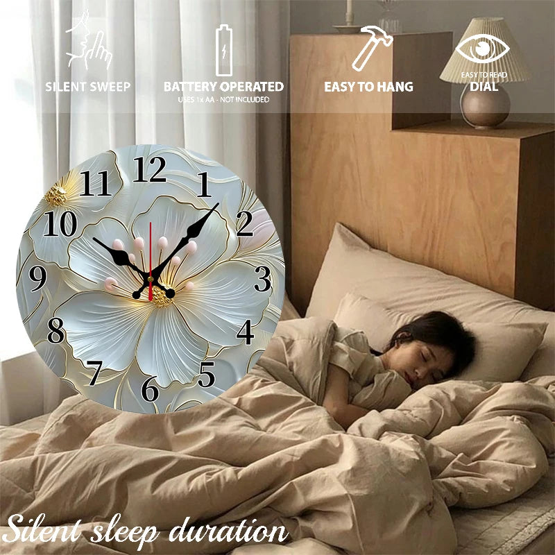 2D-flat Golden & Pink Floral Wooden Round Silent Hanging Wall Clock, For Living Room,Office, Study Room,Bedroom,Home Decoration