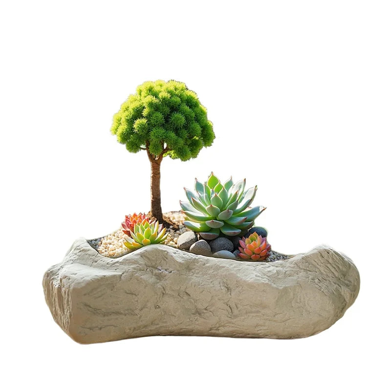 Imitation Stone Ceramic Succulent Pot Large Caliber Concave Convex Texture Desktop Micro Landscape Plant Planter
