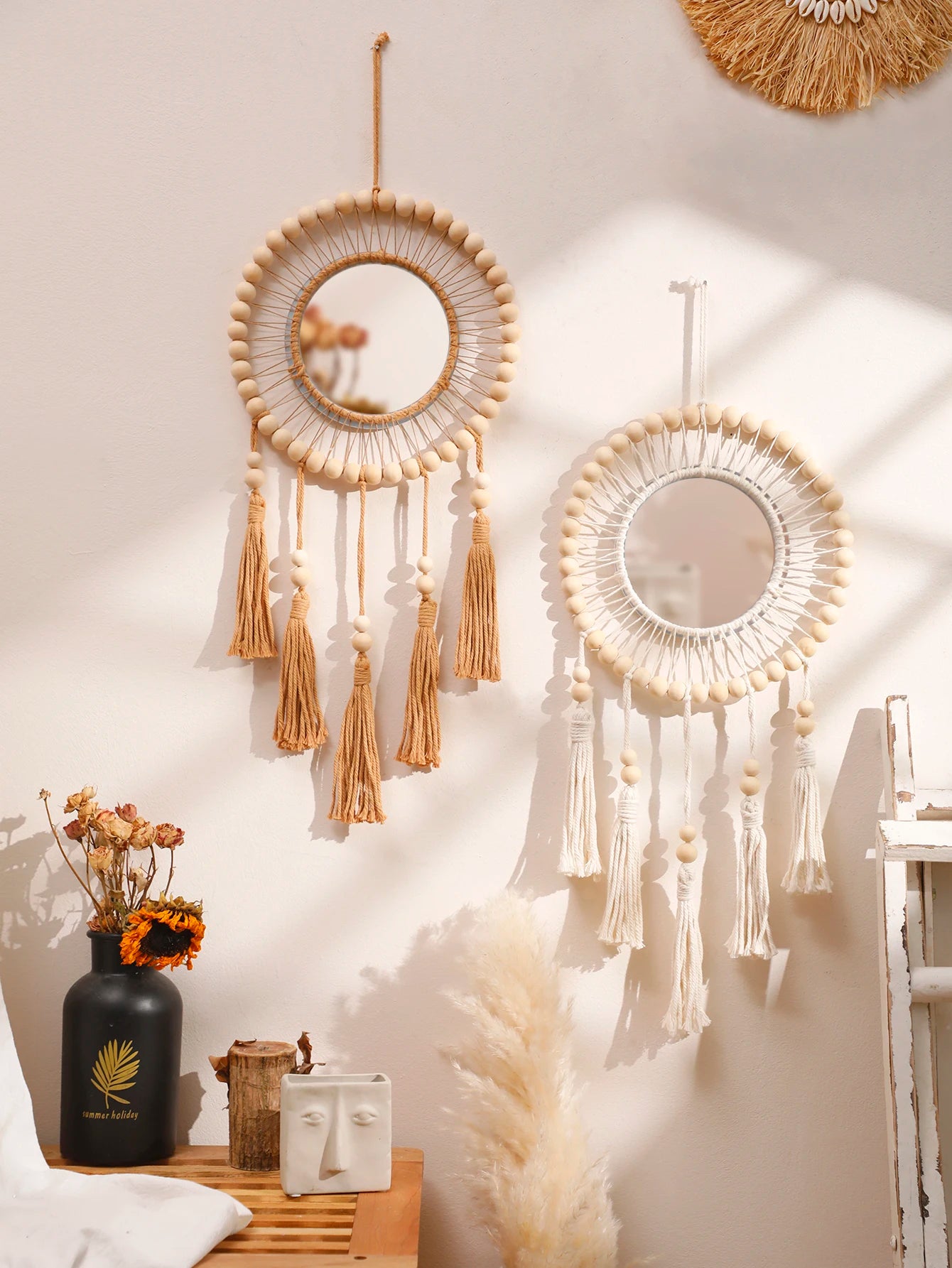Hand Woven Wooden Beads Decorative Mirrors Wall Hanging Boho Condo Wall Decor Nordic Bedroom Living Room Hallway Home Decoration