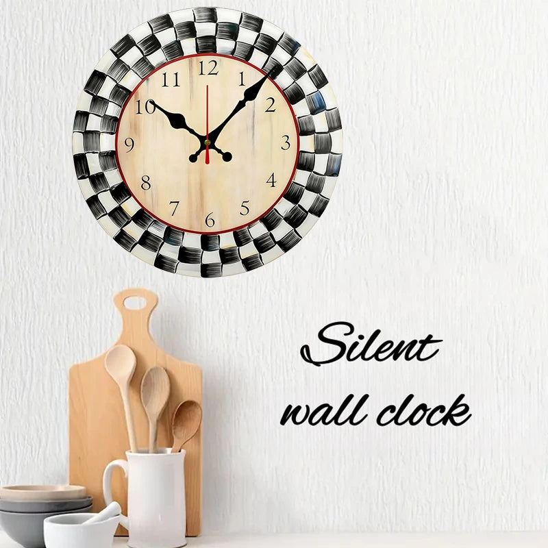 Black And White Grid Wooden Round Silent Hanging Wall Clock,Suitable For Living Room,Office,Study Room,Bedroom,Home Decoration
