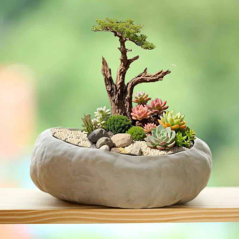 Imitation Stone Ceramic Succulent Pot Large Caliber Concave Convex Texture Desktop Micro Landscape Plant Planter