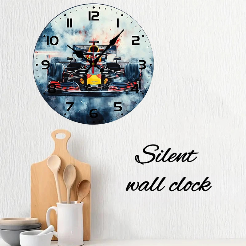 Racing Theme Wooden Round Silent Hanging Wall Clock, Suitable For Living Room, Office, Study Room, Bedroom, Home Decoration