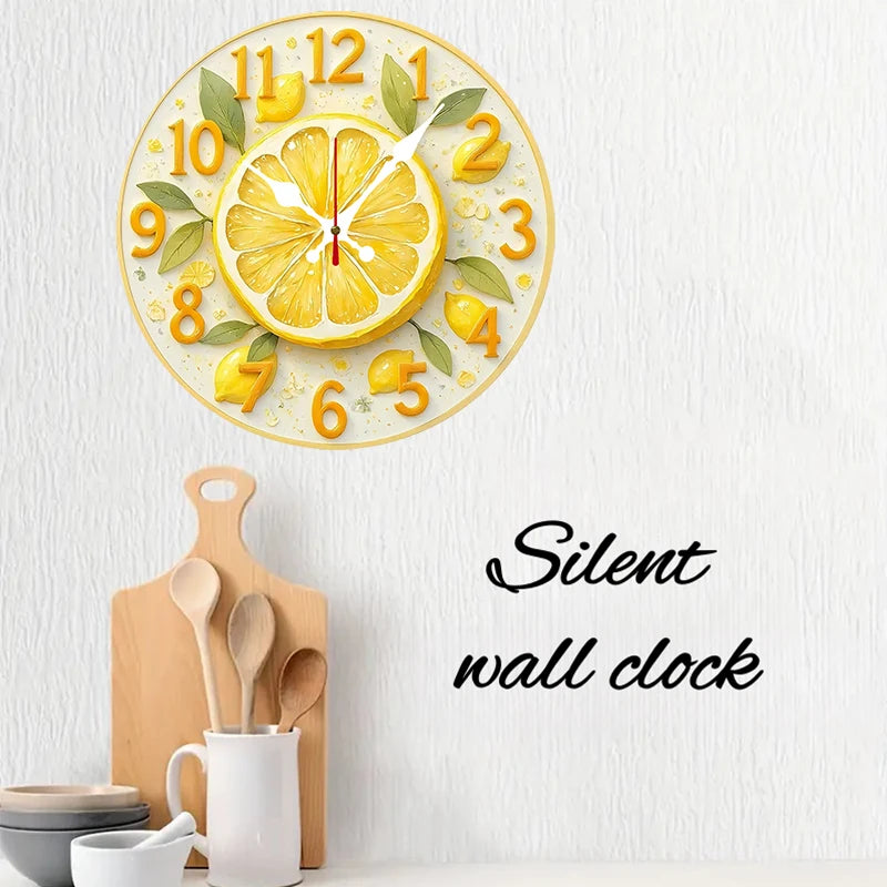 Lemon & Orange Wooden Round Silent Hanging Wall Clock, Suitable For Living Room, Office, Study Room, Bedroom, Home Decoration