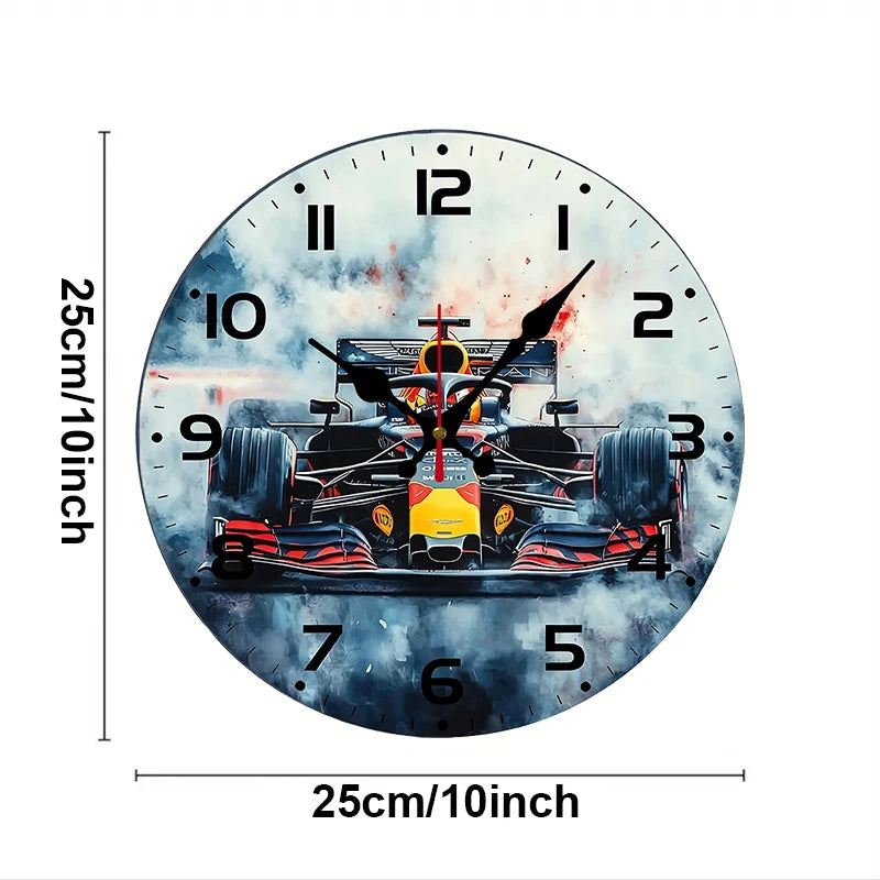 Racing Theme Wooden Round Silent Hanging Wall Clock, Suitable For Living Room, Office, Study Room, Bedroom, Home Decoration