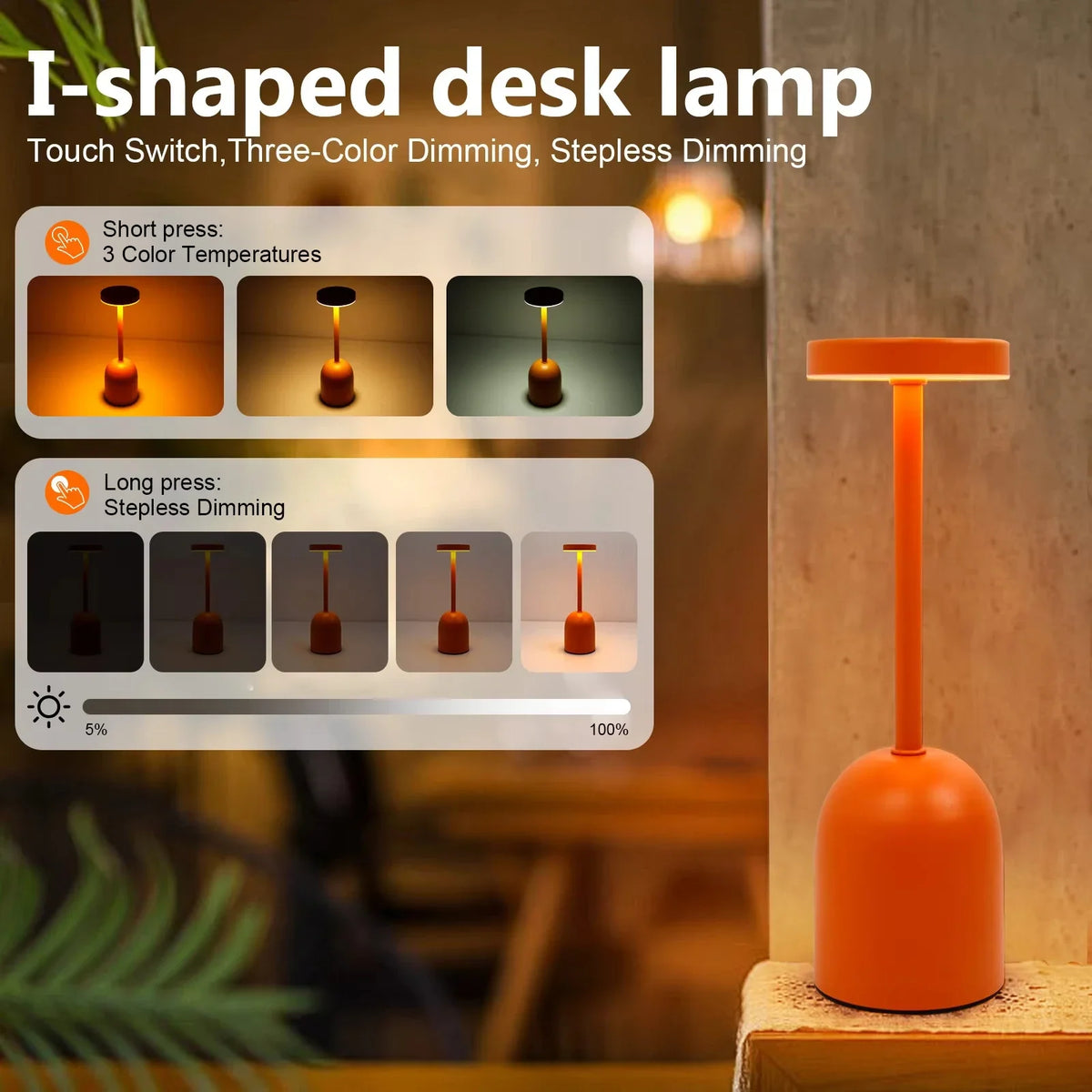 GGbingo Cordless Desk Lamp Touch Control LED Nordic Night Light Metal Table Lamp Cordless Bedroom Lamp Rechargeable Table Light