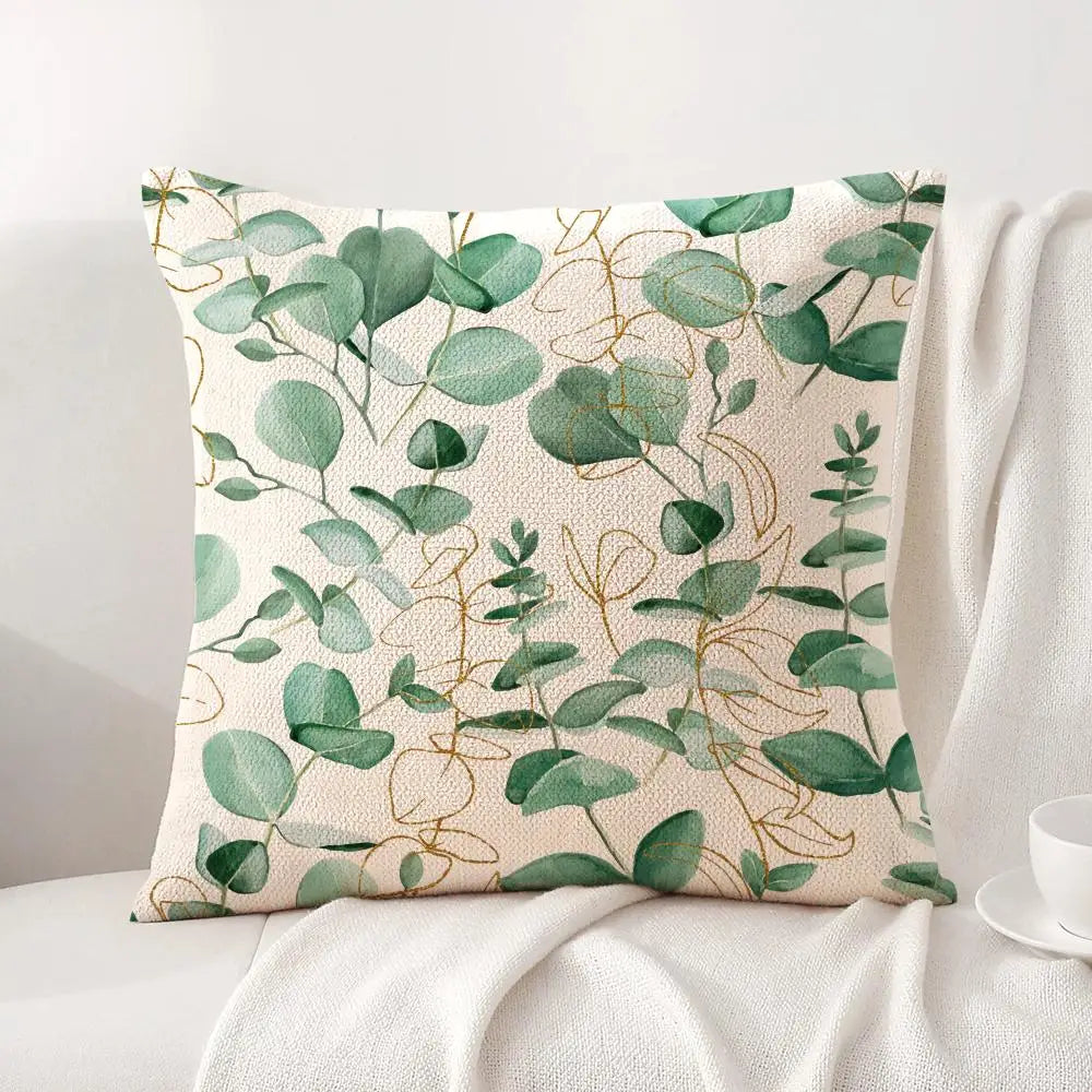 Watercolor Eucalyptus Linen Cushion Cover in Round Leaf Garland