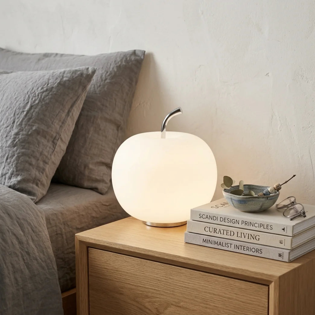 Modern Minimalist Apple Glass Table Lamp, Touch Control 3-Color Dimmable LED Bedside Night Light, Elegant Artful Nordic Lamp