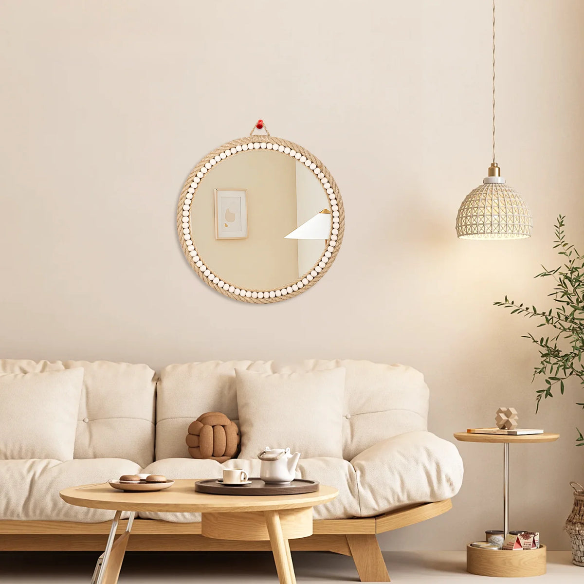 Hand-woven Nordic decorative hanging mirror creative hanging wall sofa porch homestay style background wall decor makeup mirror