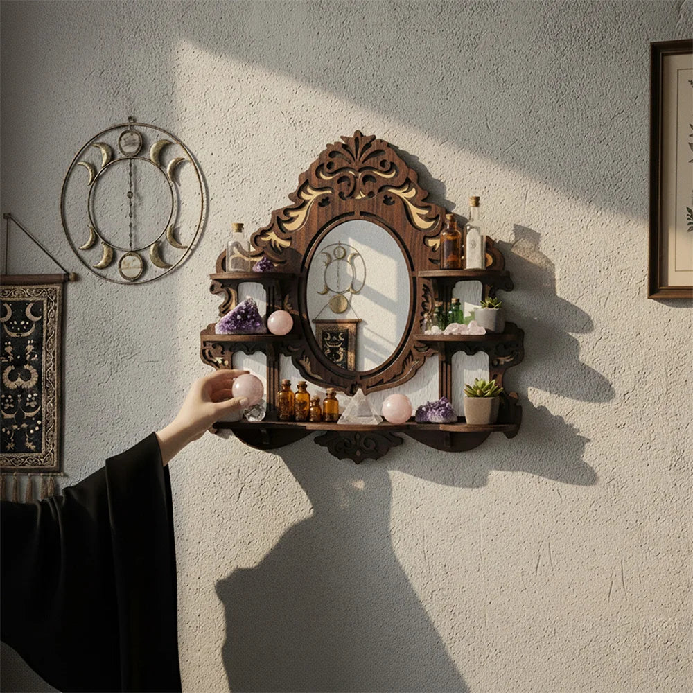 Wall Mounted Floating Shelves, Mirror Wooden Crystal Display Shelf,Gothic Home Decor, Boho Living Room Accessories