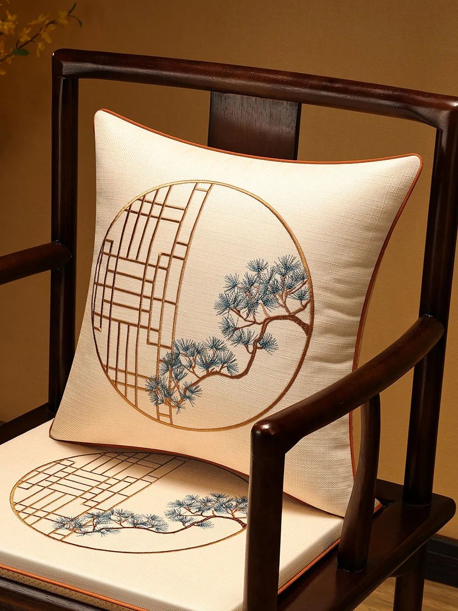 Embroidered Crane Linen Cushion Cover