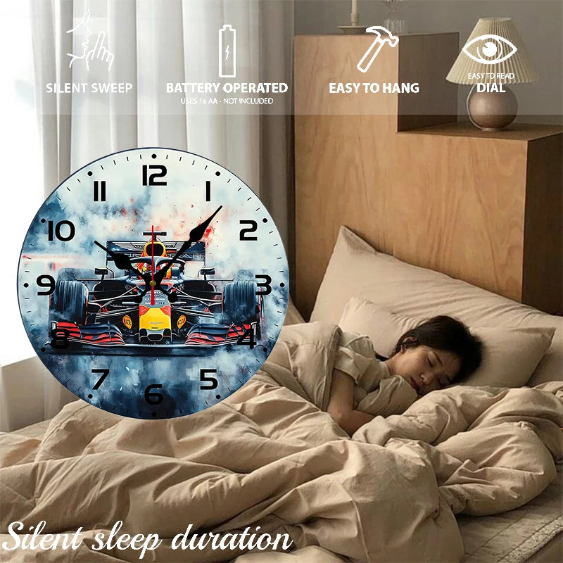 Racing Theme Wooden Round Silent Hanging Wall Clock, Suitable For Living Room, Office, Study Room, Bedroom, Home Decoration