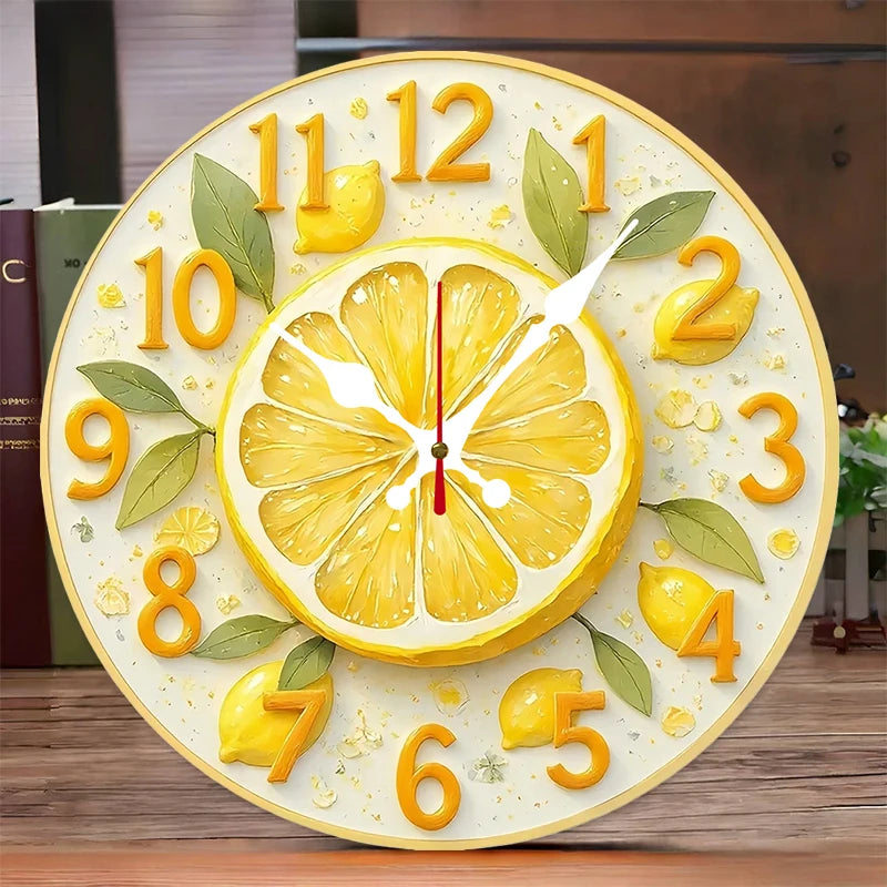 Lemon & Orange Wooden Round Silent Hanging Wall Clock, Suitable For Living Room, Office, Study Room, Bedroom, Home Decoration